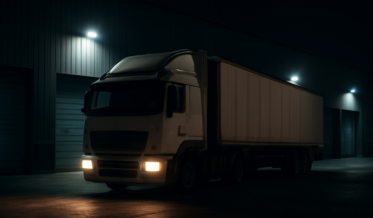 camion immobilise devant entrepot la nuit