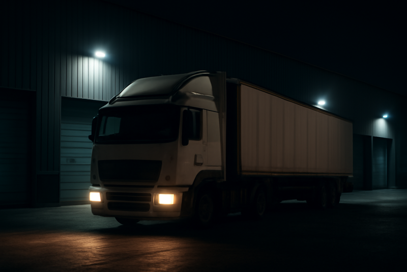 camion immobilise devant entrepot la nuit