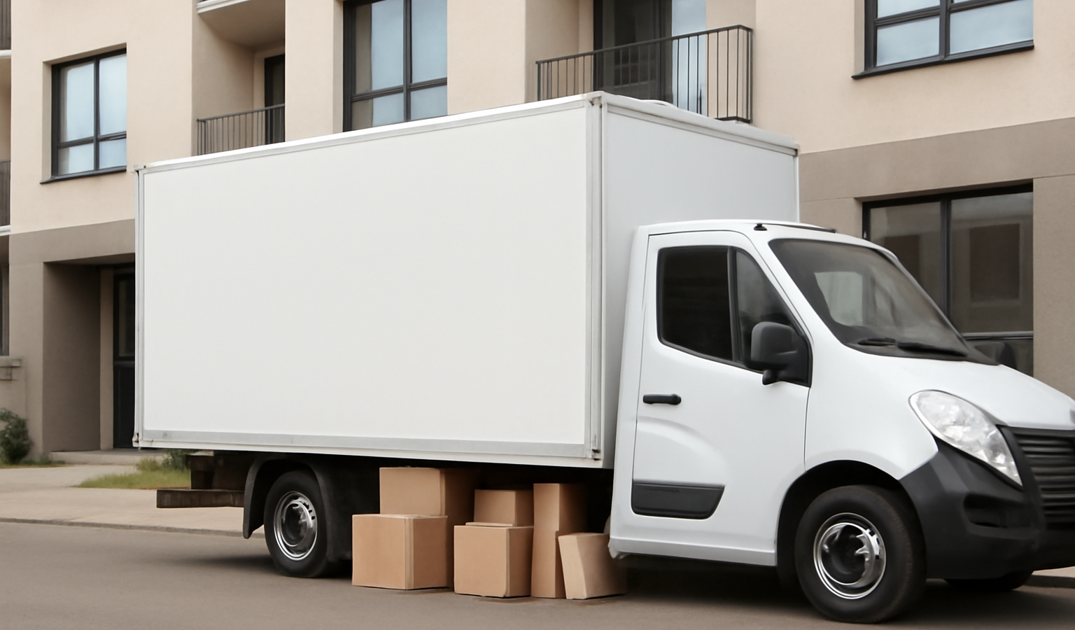 camion de demenagement charge devant immeuble