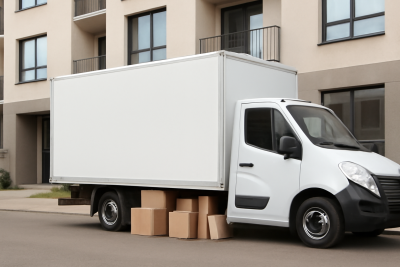 camion de demenagement charge devant immeuble