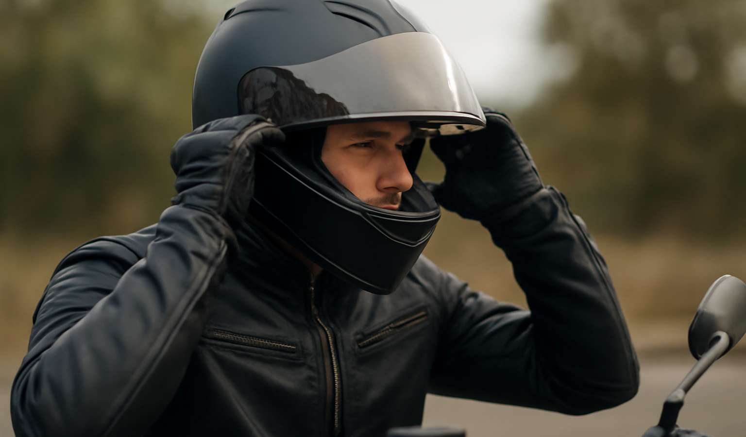 motard ajustant son casque avant un voyage