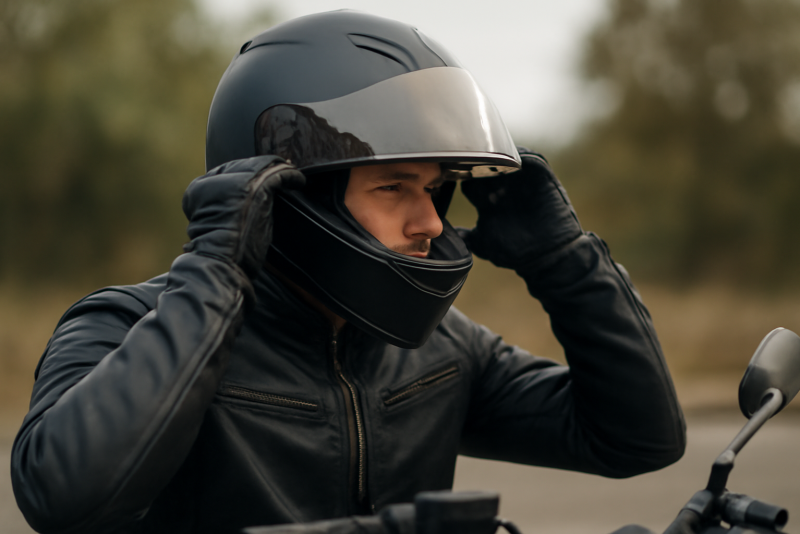 motard ajustant son casque avant un voyage
