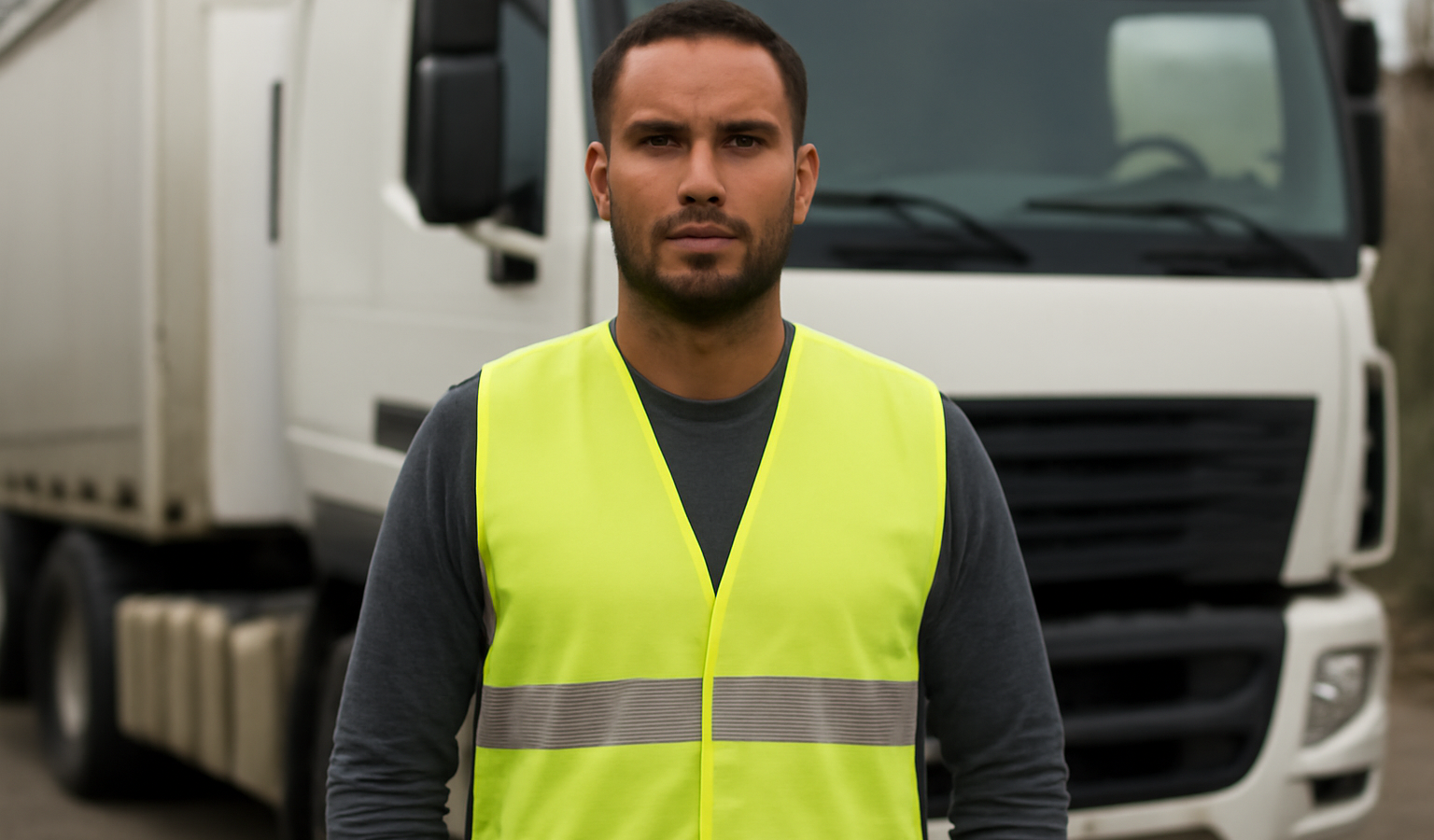 personne portant gilet fluo devant camion