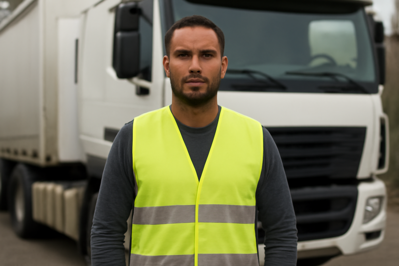 personne portant gilet fluo devant camion