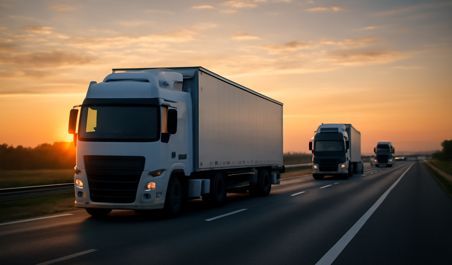 camions roulant sur autoroute au lever