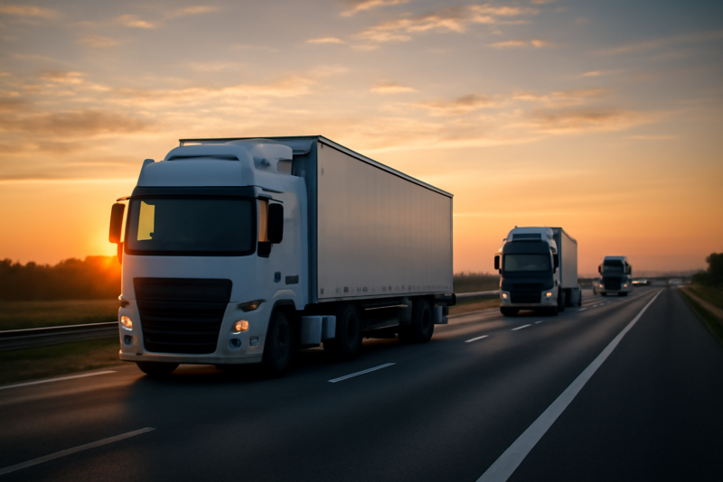 camions roulant sur autoroute au lever