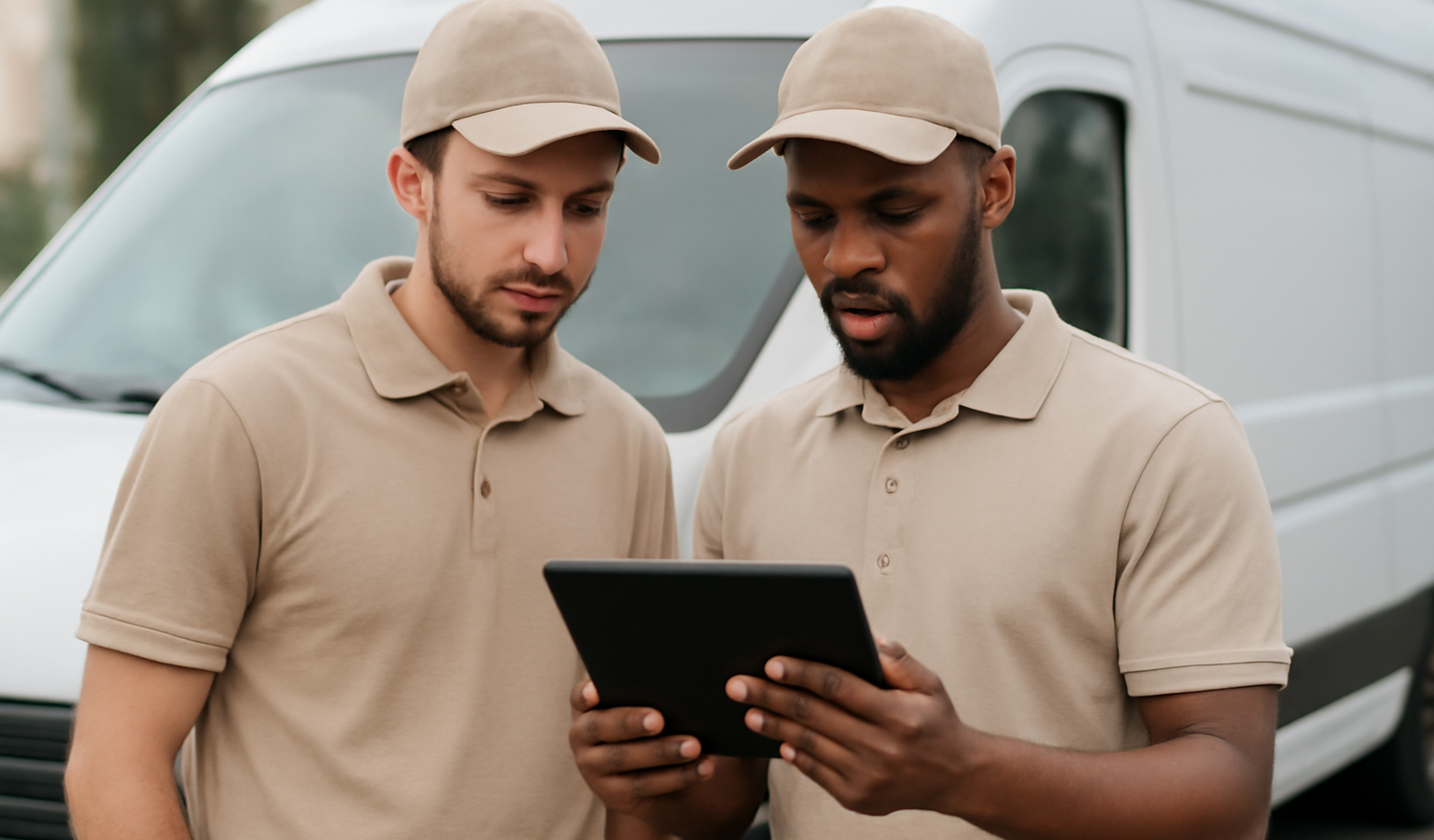 livreurs regardant tablette devant camionnette