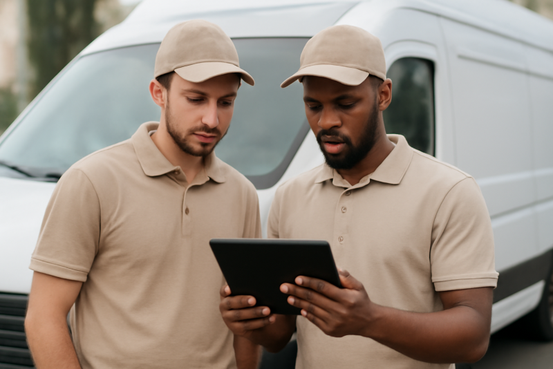 livreurs regardant tablette devant camionnette