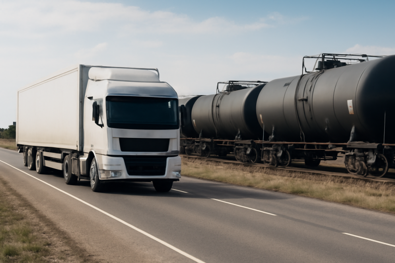 camion sur route et wagon sur voie