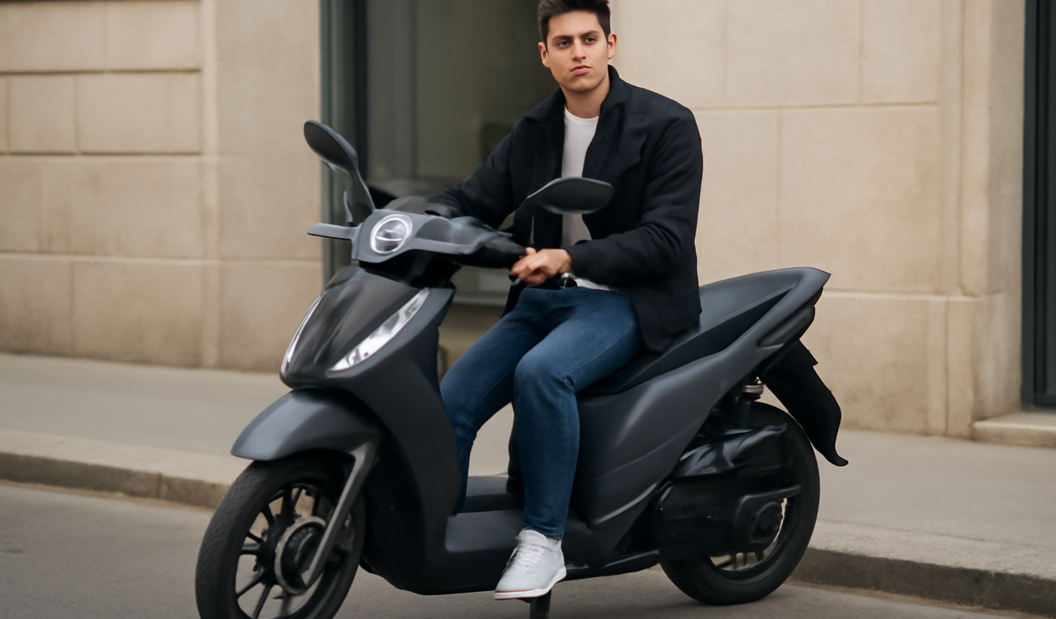 jeune conducteur avec scooter 125 stationne