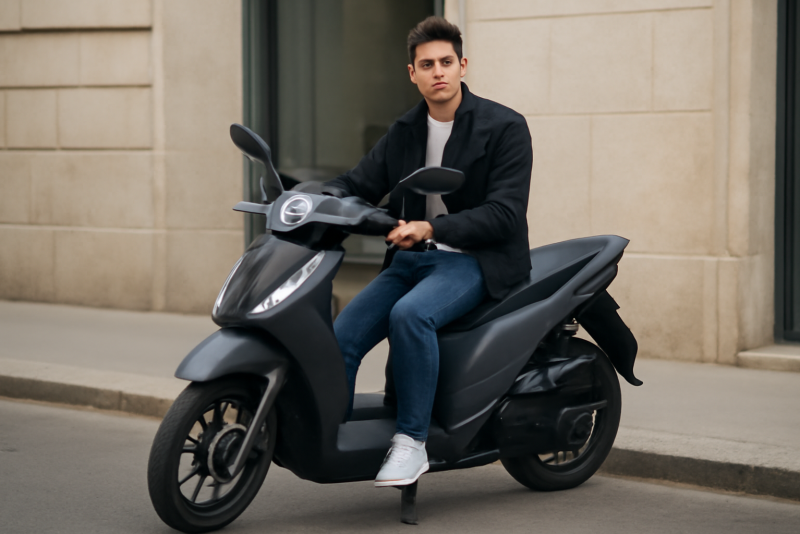 jeune conducteur avec scooter 125 stationne