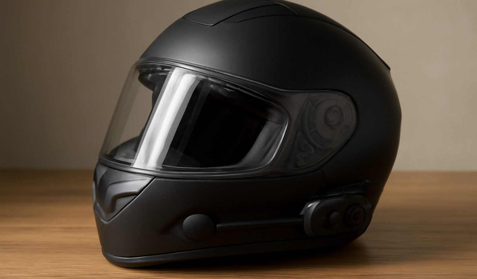 casque moto avec intercom fixé sur table