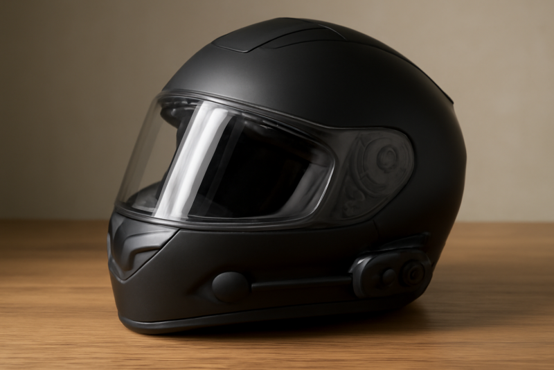 casque moto avec intercom fixé sur table