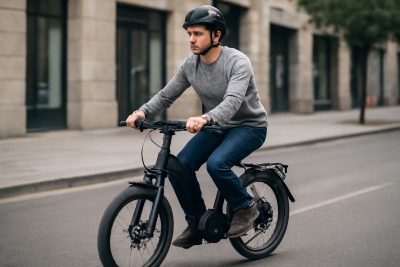 cycliste avec petit velo electrique urbain