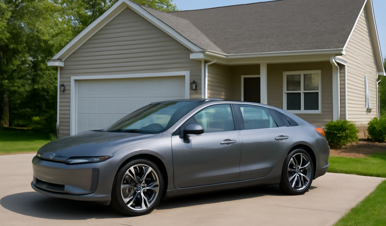 berline electrique garée devant maison familiale