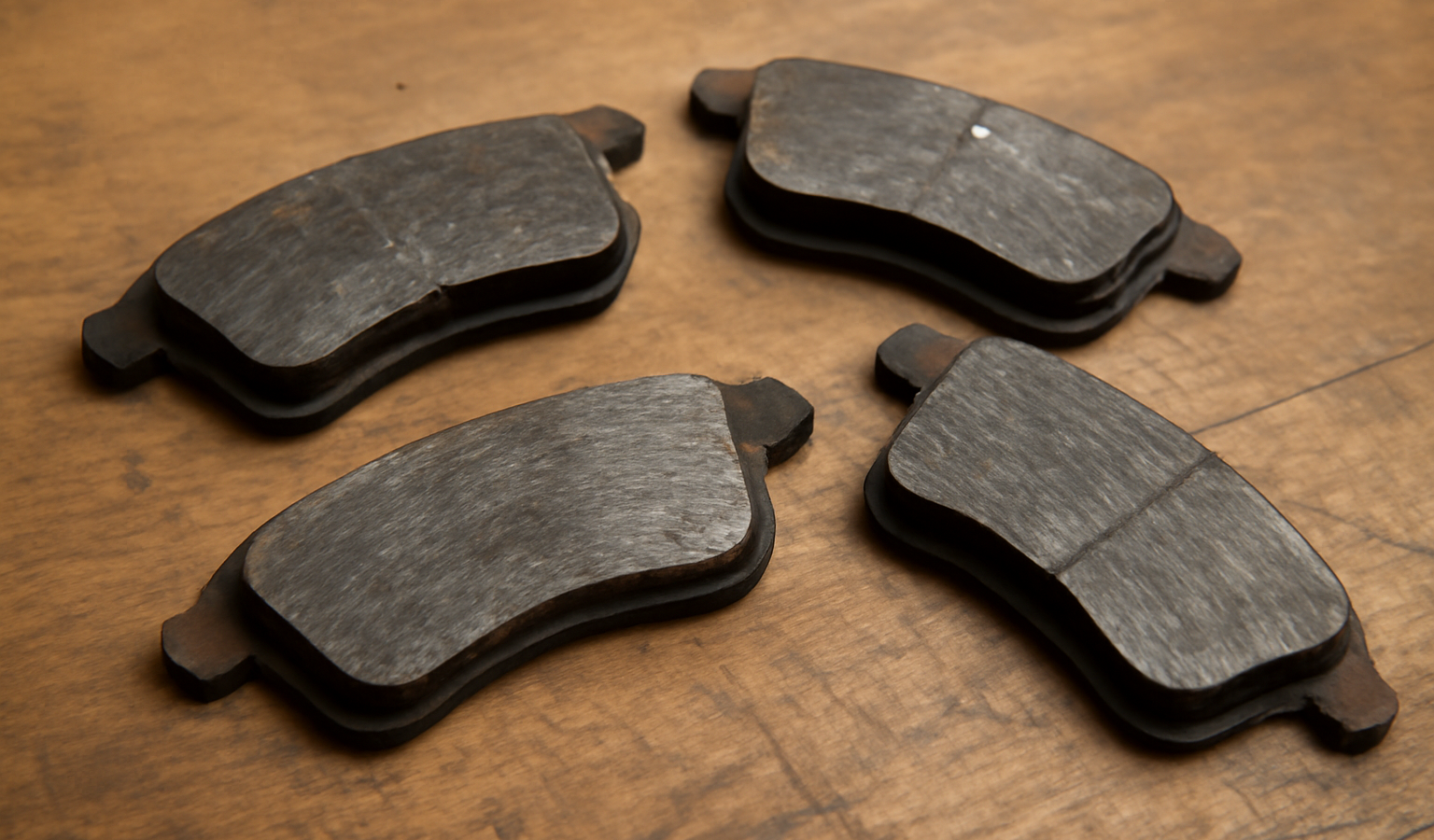 plaquettes de frein usées sur un établi