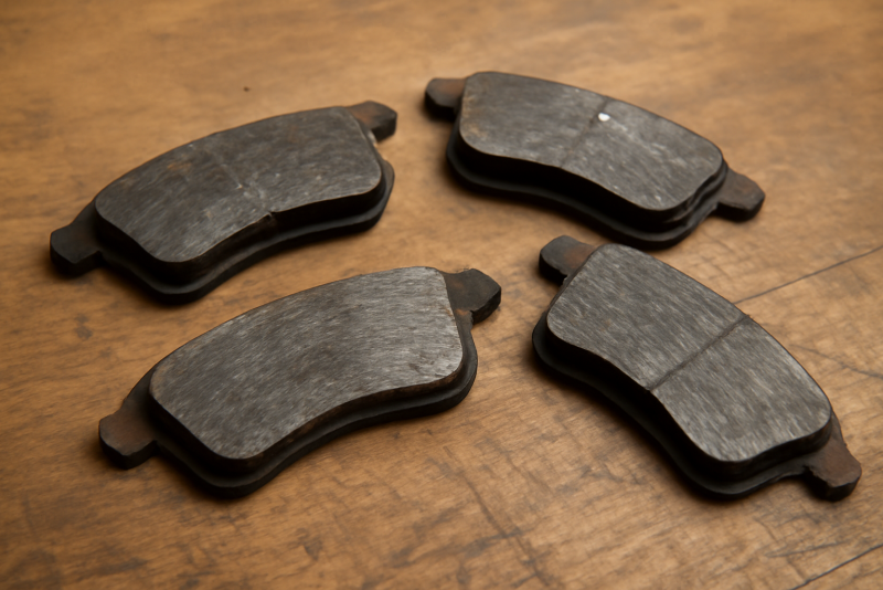 plaquettes de frein usées sur un établi