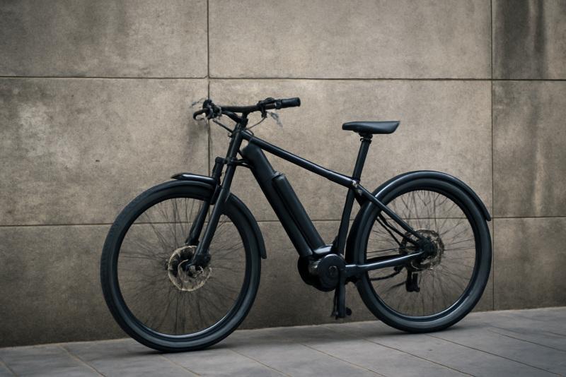 vélo électrique appuyé contre un mur urbain