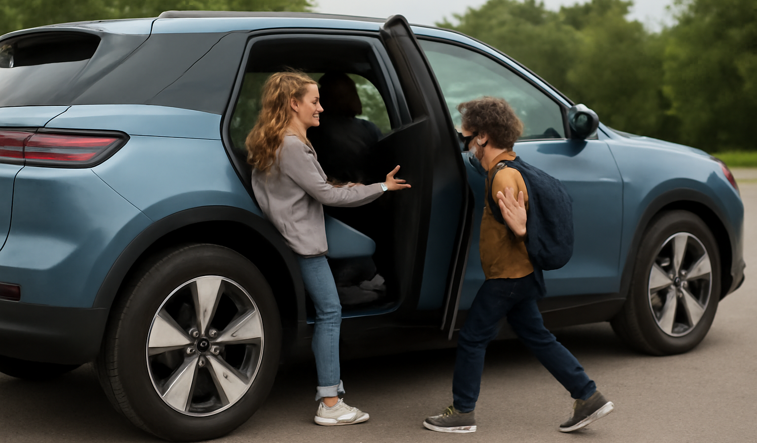 SUV electrique avec porte ouverte et enfants montant