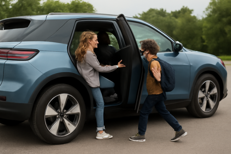 SUV electrique avec porte ouverte et enfants montant