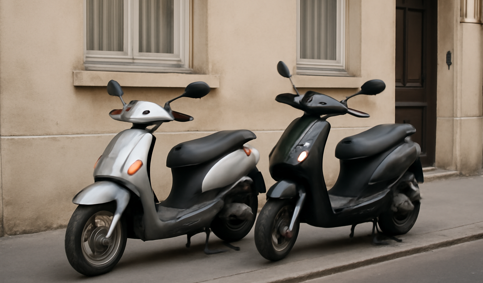deux scooters garés devant un immeuble