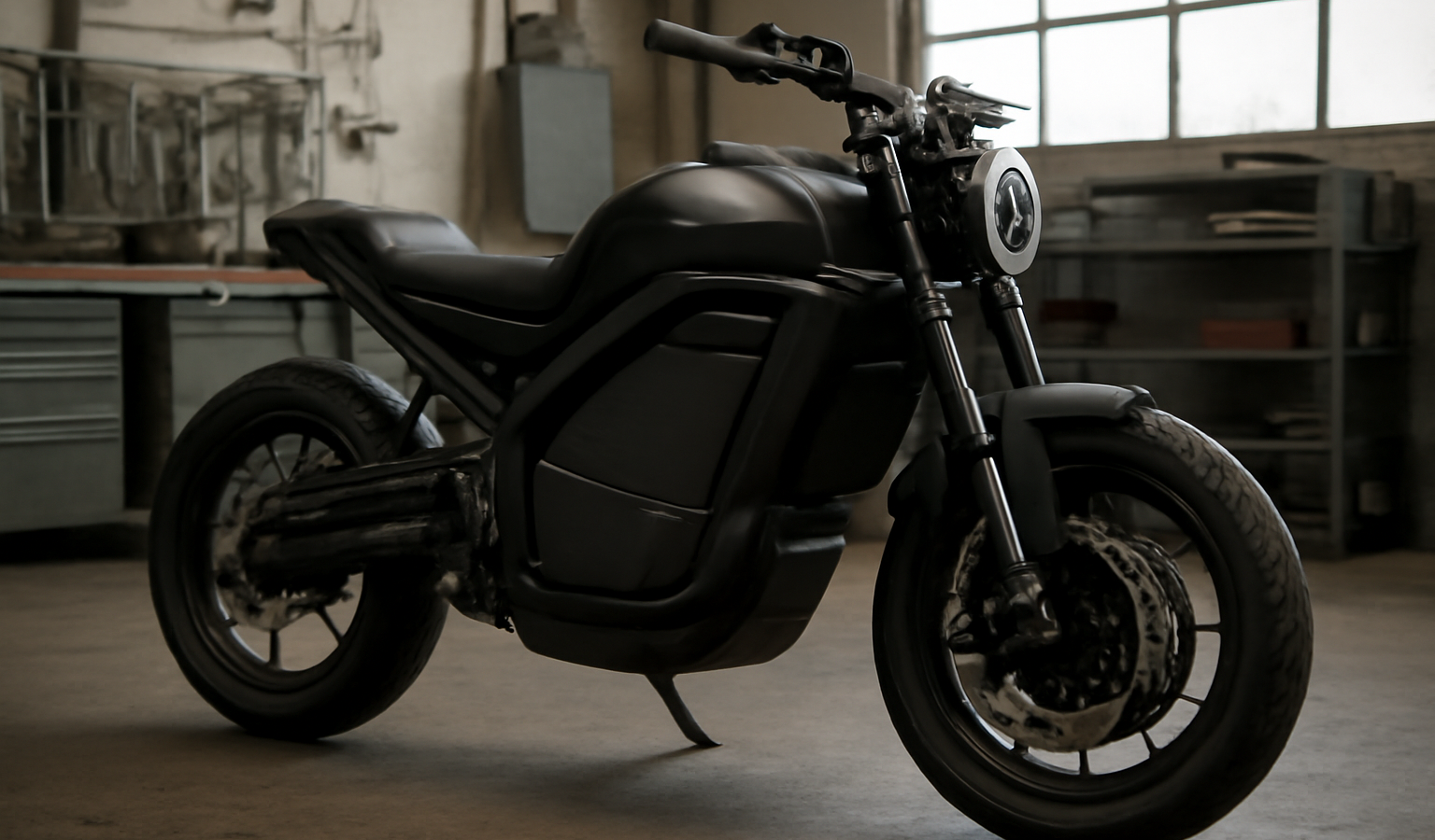 moto electrique a l'arret dans atelier