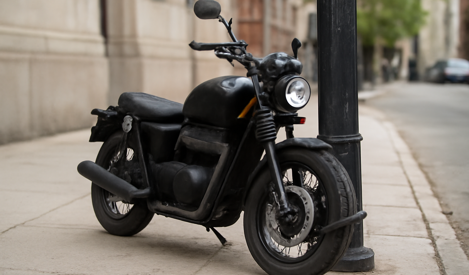 moto attachée à un poteau urbain