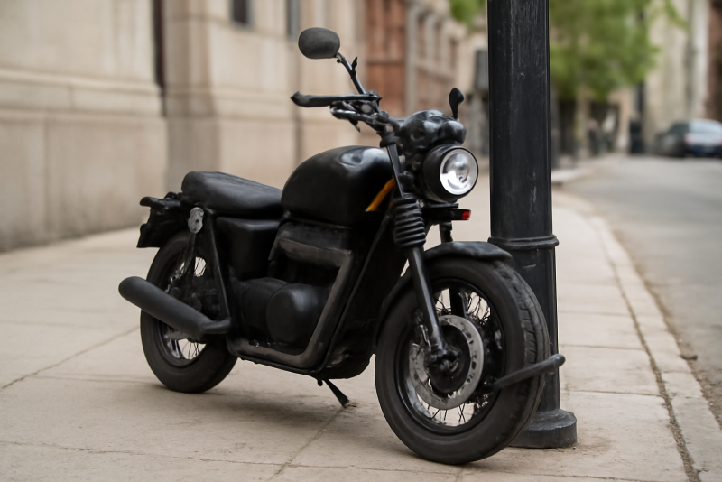 moto attachée à un poteau urbain