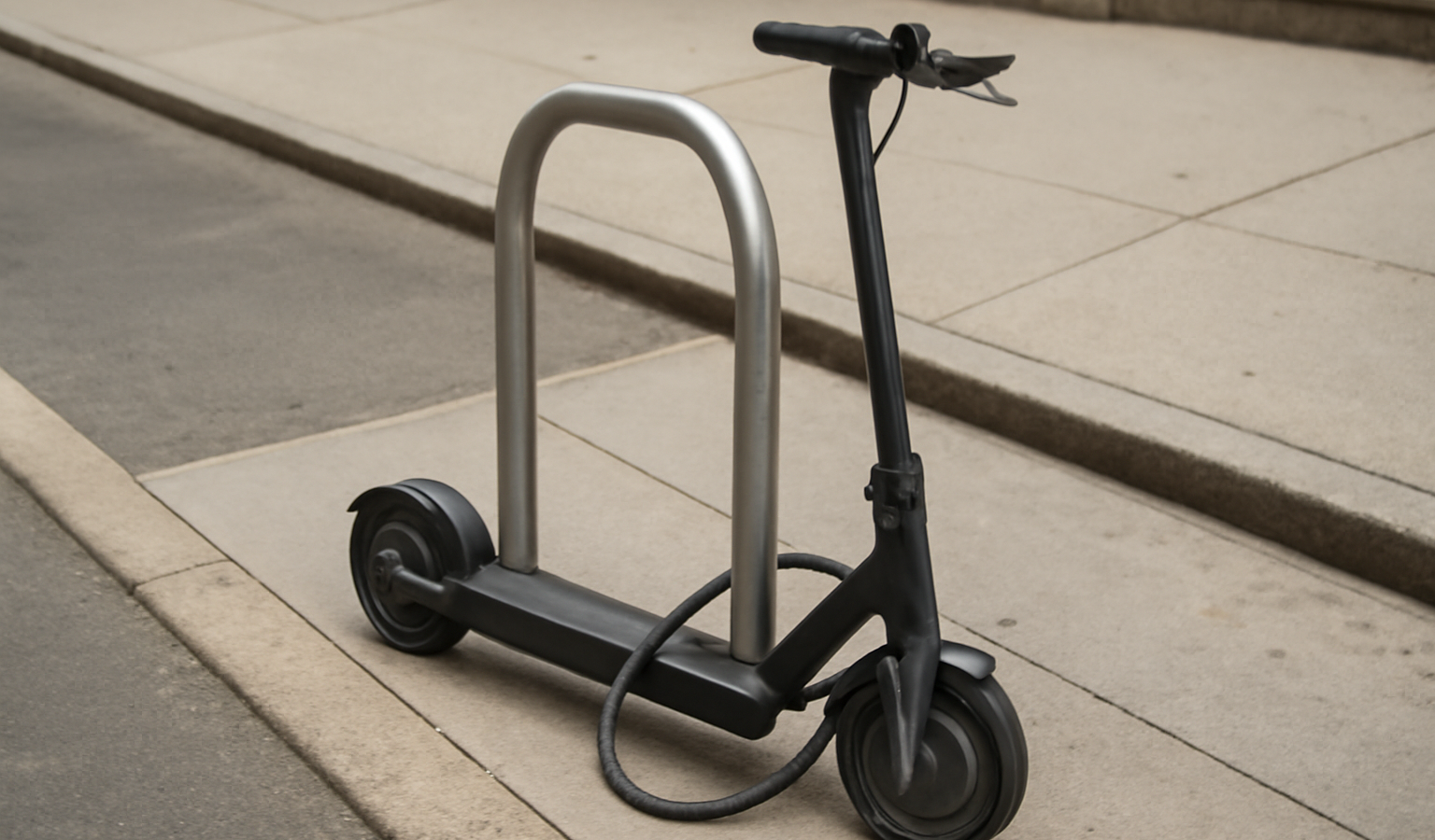 scooter attaché à un arceau sur trottoir