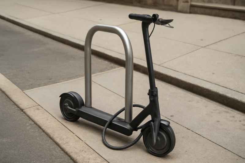 scooter attaché à un arceau sur trottoir