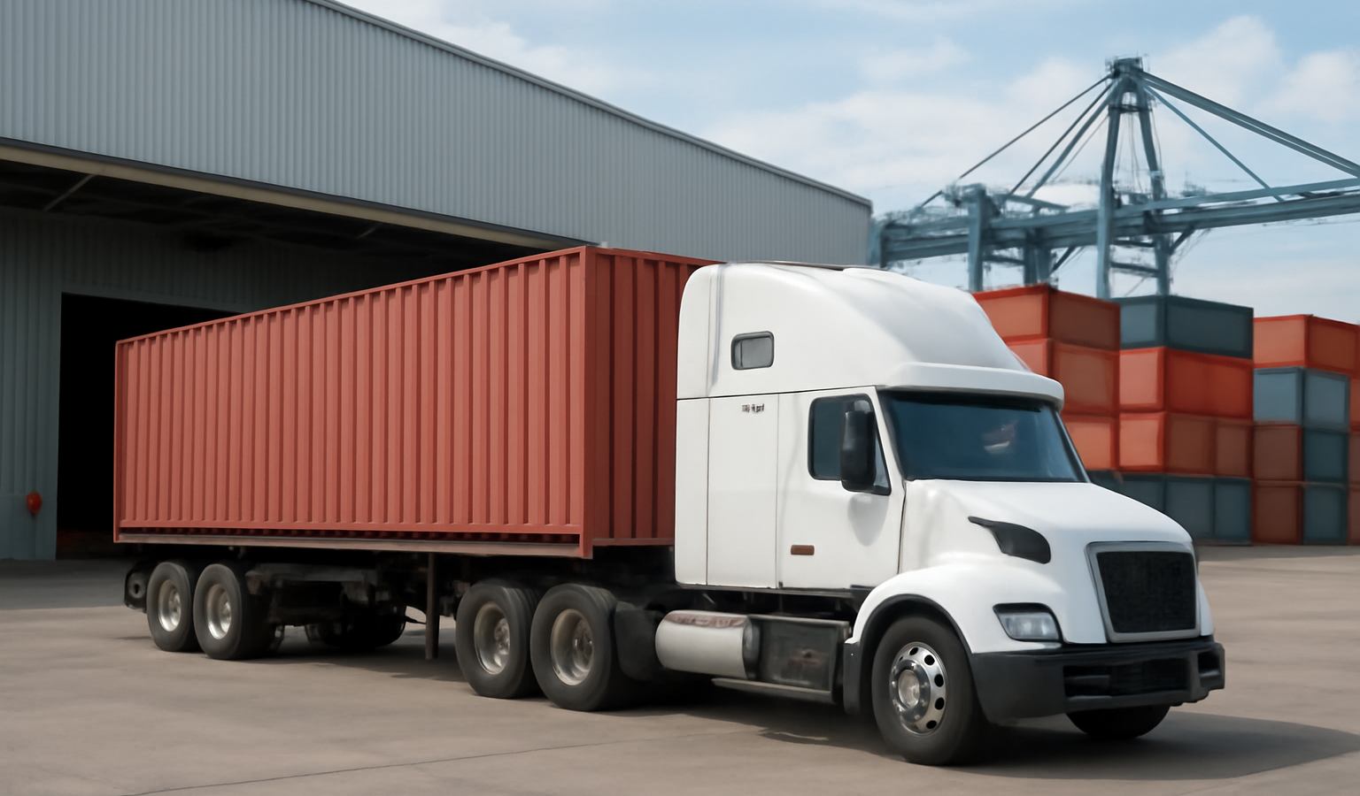 camion chargé containers devant entrepôt portuaire