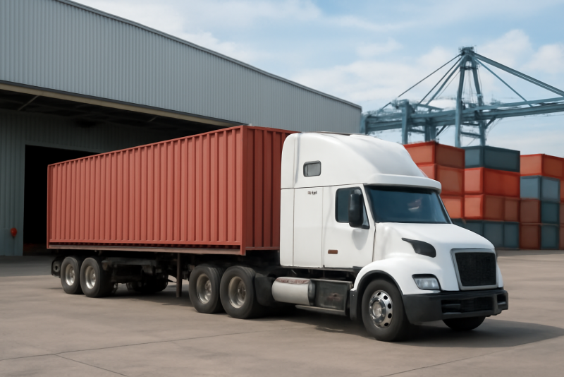 camion chargé containers devant entrepôt portuaire