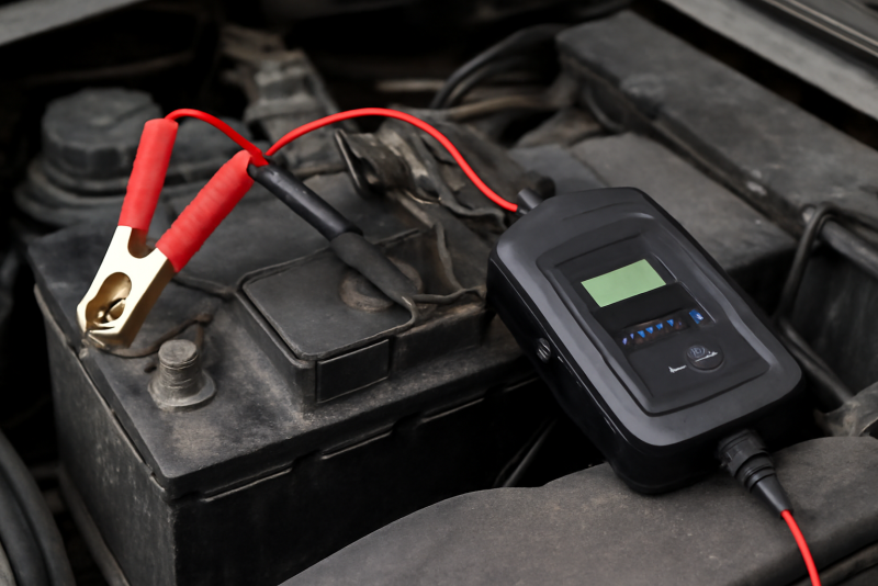 batterie automobile branchee a un chargeur