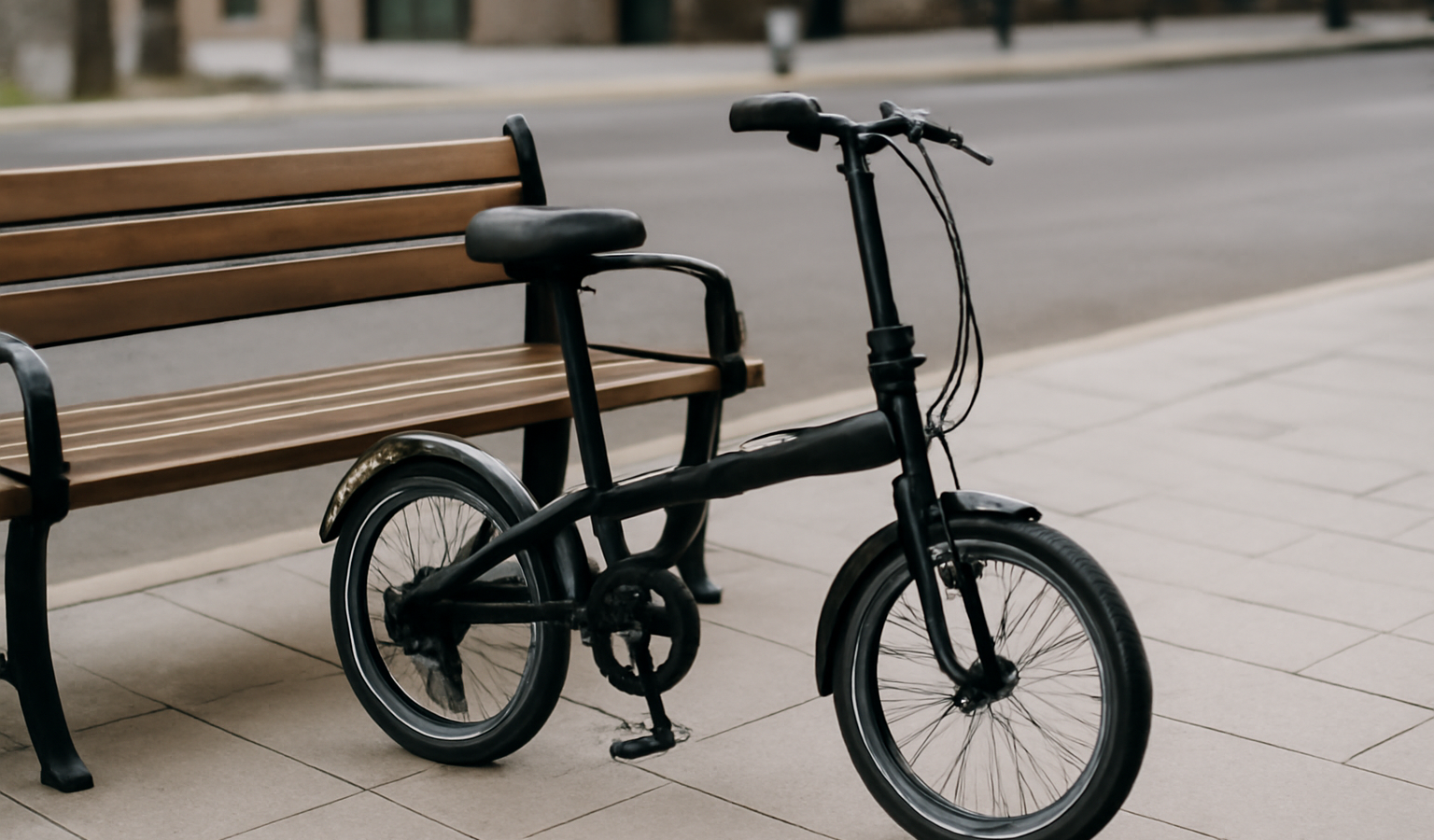 vélo pliant posé sur trottoir urbain près banc