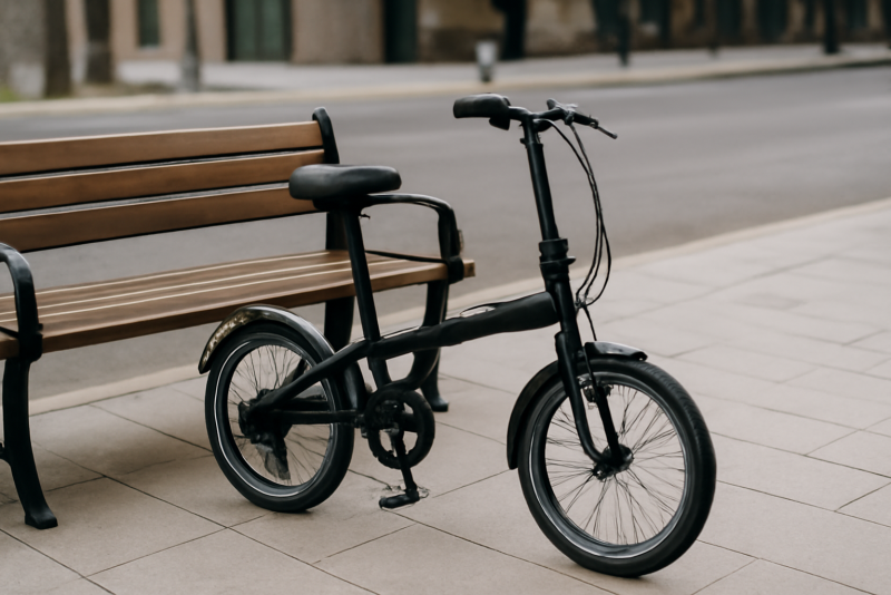 vélo pliant posé sur trottoir urbain près banc