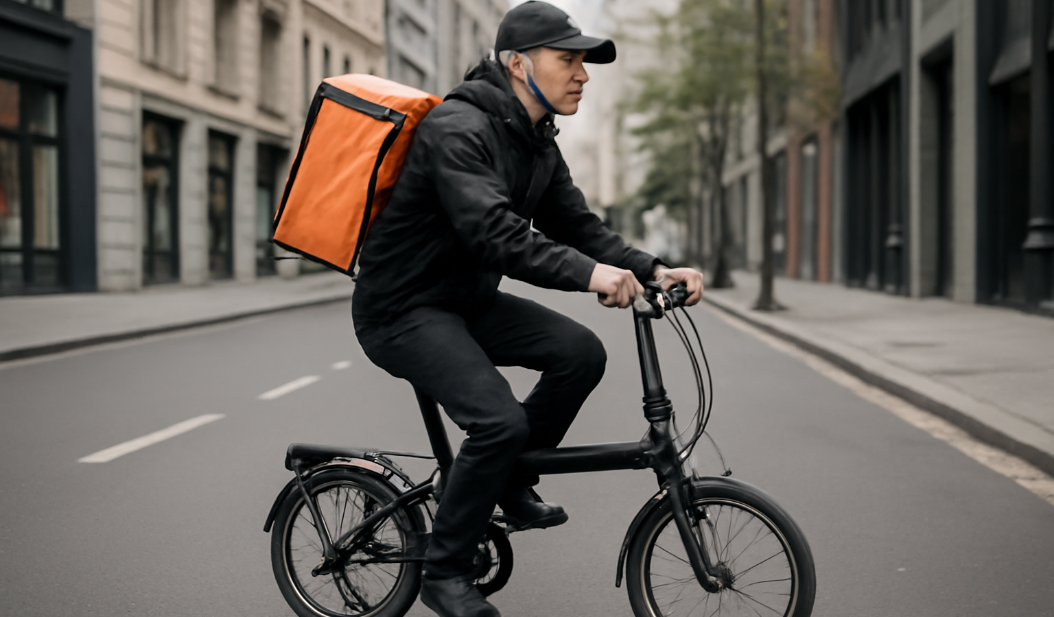 coursier avec velo pliant en ville