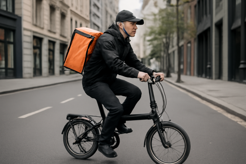 coursier avec velo pliant en ville