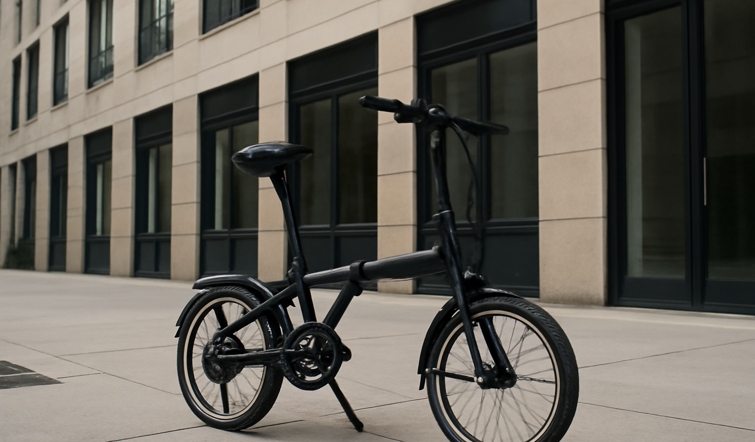 vélo pliant posé devant immeuble urbain