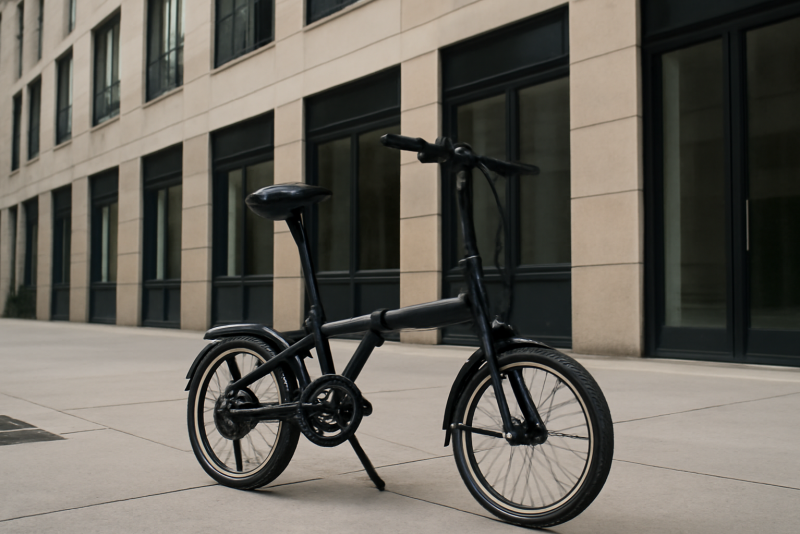 vélo pliant posé devant immeuble urbain