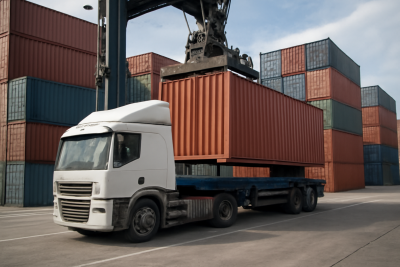 camion charge containers sur quai logistique