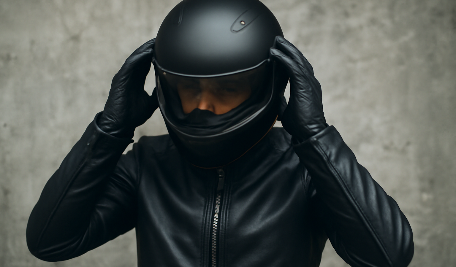 motard ajustant son casque devant mur
