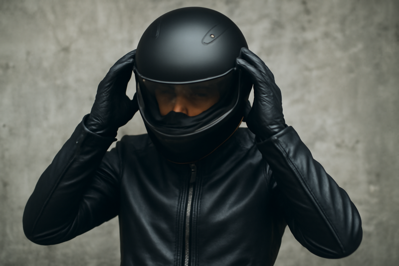 motard ajustant son casque devant mur