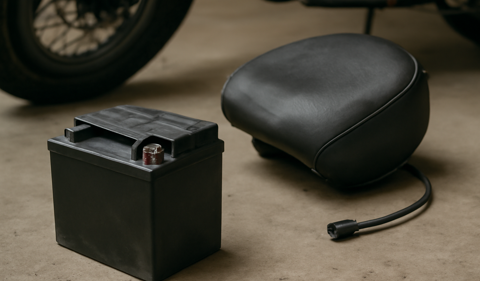 batterie de moto posée près de selle débranchée