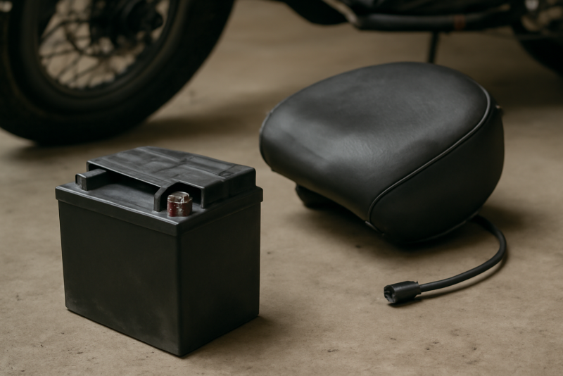 batterie de moto posée près de selle débranchée