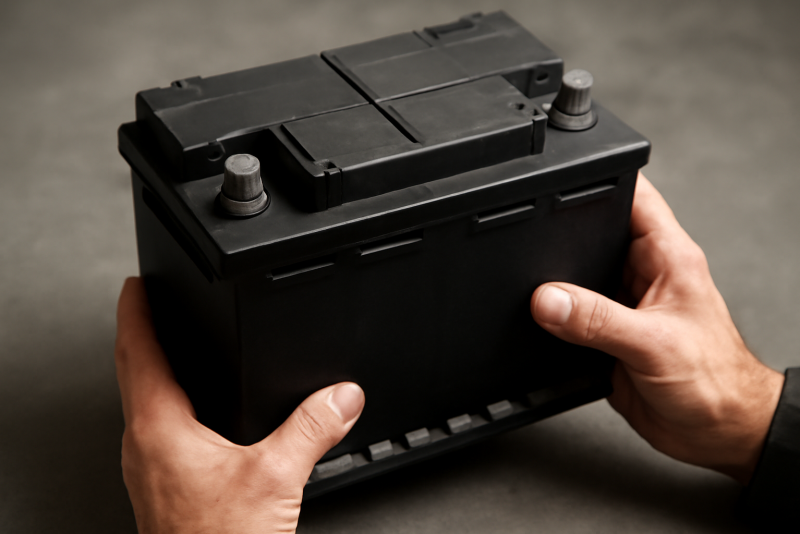 mains tenant une batterie automobile