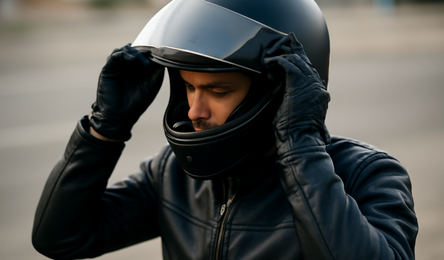motard ajustant un casque sur sa tête
