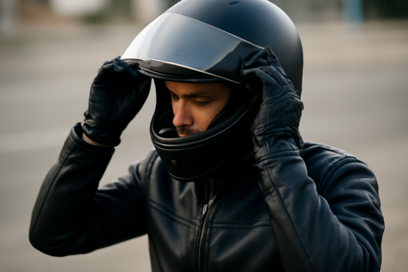 motard ajustant un casque sur sa tête