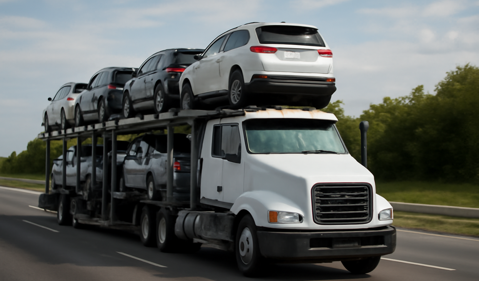 camion porte-voitures roulant sur autoroute