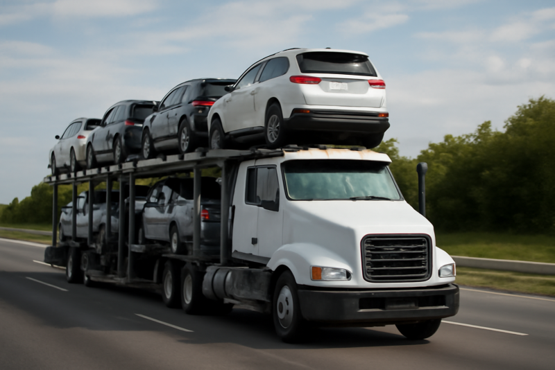 camion porte-voitures roulant sur autoroute