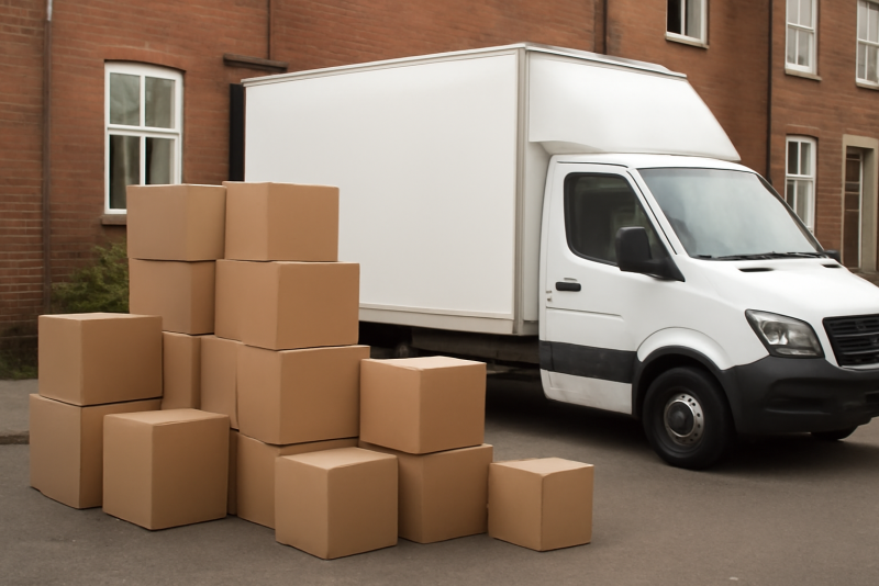camion de déménagement et cartons empilés